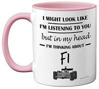 Stuff4 Formula 1 Gifts - in My Head I'm Thinking About F1 - Funny F1 Gifts for Men, Car Lover Gifts for Him, F1 Mug, Formula One Gifts, 11oz Ceramic Dishwasher Safe Pink Handle Mugs Novelty Cup