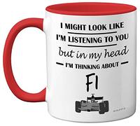 Stuff4 Formula 1 Gifts - in My Head I'm Thinking About F1 - Funny F1 Gifts for Men, Car Lover Gifts for Him, F1 Mug, Formula One Gifts, 11oz Ceramic Dishwasher Safe Red Handle Mugs Novelty Cup