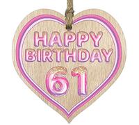 Stuff4 Fun 61st Birthday Gift For Men Woman Wooden Heart Plaques - Glitter Age 61 - Light Wood Sign Keepsake, Happy Birthday Plaque for Dad Mum Grandad Nanny Grandma Gran Uncle Auntie Cousin