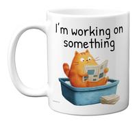 Stuff4 Funny Cat Mug - Cartoon Feline Reading Newspaper - I'm Working on Something Slogan for Tea or Coffee Lovers - 11oz Ceramic Gloss Mug
