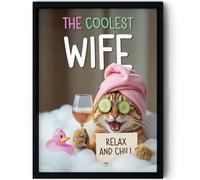 Stuff4 Funny Wife Birthday Poster Framed, Relaxing Bath Cat