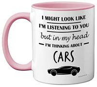 Stuff4 Gifts for Car Enthusiasts - in My Head I'm Thinking About Cars - Funny Classic Car Mug, Gifts for Cars Lovers, Petrol Head Gifts, 11oz Ceramic Dishwasher Safe Premium Pink Handle Mugs