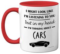 Stuff4 Gifts for Car Enthusiasts - in My Head I'm Thinking About Cars - Funny Classic Mug, Gifts for Lovers, Petrol Head 11oz Ceramic Dishwasher Safe Premium Red Handle Mugs