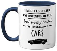 Stuff4 Gifts for Car Enthusiasts - in My Head I'm Thinking About Cars - Funny Classic Mug, Gifts for Lovers, Petrol Head 11oz Ceramic Dishwasher Safe Premium Navy Handle Mugs