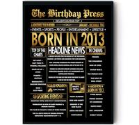 Stuff4 Gold 12th Birthday Poster Framed - Golden Born In 2013 Newspaper - Happy 12 Birthday for Boys Girls Retro Vintage Gifts Back In 2013, 8x10 Inch Bday Party Decor Decoration