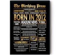 Stuff4 Gold 13th Birthday Poster Framed - Golden Born In 2012 Newspaper - Happy 13 Birthday for Boys Girls Retro Vintage Gifts Back In 2012, 8x10 Inch Bday Party Decor Decoration