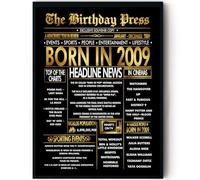 Stuff4 Gold 16th Birthday Poster Framed - Golden Born In 2009 Newspaper - Happy 16 Birthday for Boys Girls Retro Vintage Gifts Back In 2009, 8x10 Inch Bday Party Decor Decoration