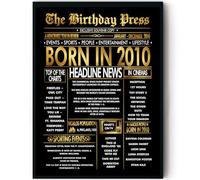 Stuff4 Gold 16th Birthday Poster Framed, Golden Born In 2010 Newspaper