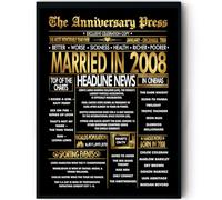 Stuff4 Gold 18th Anniversary Poster Framed - Golden Married In 2008 Newspaper - 18 Anniversary for Men Women Retro Vintage Gifts Back In 2008, 8x10 Inch Bday Party Decor Decoration