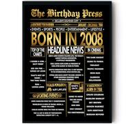 Stuff4 Gold 18th Birthday Poster Framed, Golden Born In 2008 Newspaper