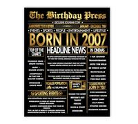 Stuff4 Gold 18th Birthday Poster Unframed - Golden Born In 2007 Newspaper - Happy 18 Birthday for Men Women Retro Vintage Gifts Back In 2007, 8x10 Inch Bday Party Decor Decoration