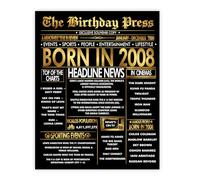 Stuff4 Gold 18th Birthday Poster Unframed, Golden Born In 2008 Newspaper