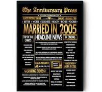 Stuff4 Gold 20th Anniversary Poster Framed - Golden Married In 2005 Newspaper - Happy 20 Anniversary for Men Women Retro Vintage Gifts Back In 2005, 8x10 Inch Bday Party Decor Decoration