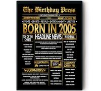 Stuff4 Gold 20th Birthday Poster Framed - Golden Born In 2005 Newspaper - Happy 20 Birthday for Men Women Retro Vintage Gifts Back In 2005, 8x10 Inch Bday Party Decor Decoration