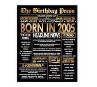 Stuff4 Gold 20th Birthday Poster Unframed - Golden Born In 2005 Newspaper - Happy 20 Birthday for Men Women Retro Vintage Gifts Back In 2005, 8x10 Inch Bday Party Decor Decoration
