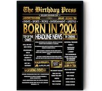 Stuff4 Gold 21st Birthday Poster Framed - Golden Born In 2004 Newspaper - Happy 21 Birthday for Men Women Retro Vintage Gifts Back In 2004, 8x10 Inch Bday Party Decor Decoration