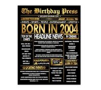 Stuff4 Gold 21st Birthday Poster Unframed - Golden Born In 2004 Newspaper - Happy 21 Birthday for Men Women Retro Vintage Gifts Back In 2004, 8x10 Inch Bday Party Decor Decoration