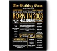 Stuff4 Gold 23rd Birthday Poster Framed, Golden Born In 2003 Newspaper