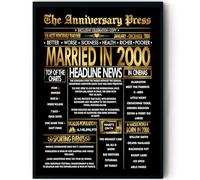 Stuff4 Gold 25th Anniversary Poster Framed - Golden Married In 2000 Newspaper - Happy 25 Anniversary for Men Women Retro Vintage Gifts Back In 2000, 8x10 Inch Bday Party Decor Decoration