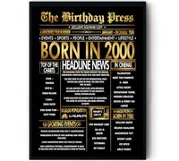 Stuff4 Gold 25th Birthday Poster Framed - Golden Born In 2000 Newspaper - Happy 25 Birthday for Men Women Retro Vintage Gifts Back In 2000, 8x10 Inch Bday Party Decor Decoration