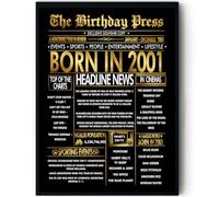 Stuff4 Gold 25th Birthday Poster Framed, Golden Born In 2001 Newspaper