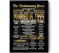Stuff4 Gold 26th Anniversary Poster Framed - Golden Married In 1999 Newspaper - Happy 26 Anniversary for Men Women Retro Vintage Gifts Back In 1999, 8x10 Inch Bday Party Decor Decoration