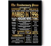 Stuff4 Gold 29th Anniversary Poster Framed - Golden Married In 1996 Newspaper - Happy 29 Anniversary for Men Women Retro Vintage Gifts Back In 1996, 8x10 Inch Bday Party Decor Decoration