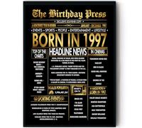 Stuff4 Gold 29th Birthday Poster Framed, Golden Born In 1997 Newspaper