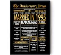 Stuff4 Gold 30th Anniversary Poster Framed - Golden Married In 1995 Newspaper - Happy 30 Anniversary for Men Women Retro Vintage Gifts Back In 1995, 8x10 Inch Bday Party Decor Decoration
