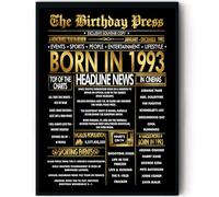 Stuff4 Gold 32nd Birthday Poster Framed - Golden Born In 1993 Newspaper - Happy 32 Birthday for Men Women Retro Vintage Gifts Back In 1993, 8x10 Inch Bday Party Decor Decoration