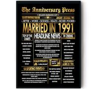 Stuff4 Gold 34th Anniversary Poster Framed - Golden Married In 1991 Newspaper - Happy 34 Anniversary for Men Women Retro Vintage Gifts Back In 1991, 8x10 Inch Bday Party Decor Decoration