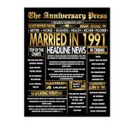 Stuff4 Gold 34th Anniversary Poster Unframed - Golden Married In 1991 Newspaper - Happy 34 Wedding Anniversary for Men Women Vintage Gifts Back In 1991, 8x10 Inch Anniversaries Posters