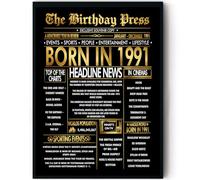 Stuff4 Gold 34th Birthday Poster Framed - Golden Born In 1991 Newspaper - Happy 34 Birthday for Men Women Retro Vintage Gifts Back In 1991, 8x10 Inch Bday Party Decor Decoration