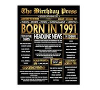 Stuff4 Gold 34th Birthday Poster Unframed - Golden Born In 1991 Newspaper - Happy 34 Birthday for Men Women Retro Vintage Gifts Back In 1991, 8x10 Inch Bday Party Decor Decoration
