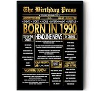 Stuff4 Gold 35th Birthday Poster Framed - Golden Born In 1990 Newspaper - Happy 35 Birthday for Men Women Retro Vintage Gifts Back In 1990, 8x10 Inch Bday Party Decor Decoration