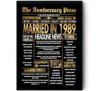 Stuff4 Gold 36th Anniversary Poster Framed - Golden Married In 1989 Newspaper - Happy 36 Anniversary for Men Women Retro Vintage Gifts Back In 1989, 8x10 Inch Bday Party Decor Decoration
