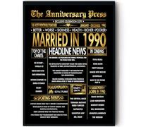 Stuff4 Gold 36th Anniversary Poster Framed - Golden Married In 1990 Newspaper - 36 Anniversary for Men Women Retro Vintage Gifts Back In 1990, 8x10 Inch Bday Party Decor Decoration