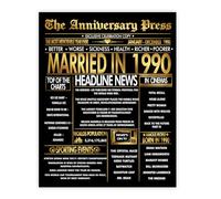 Stuff4 Gold 36th Anniversary Poster Unframed - Golden Married In 1990 Newspaper - 36 Wedding Anniversary for Men Women Vintage Gifts Back In 1990, 8x10 Inch Anniversaries Posters