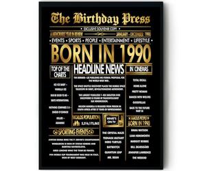 Stuff4 Gold 36th Birthday Poster Framed - Golden Born In 1990 Newspaper - Happy 36 Birthday for Men Women Retro Vintage Gifts Back In 1990, 8x10 Inch Bday Party Decor Decoration