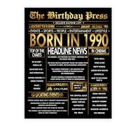 Stuff4 Gold 36th Birthday Poster Unframed - Golden Born In 1990 Newspaper - Happy 36 Birthday for Men Women Retro Vintage Gifts Back In 1990, 8x10 Inch Bday Party Decor Decoration