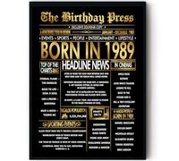Stuff4 Gold 37th Birthday Poster Framed, Golden Born In 1989 Newspaper