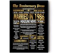 Stuff4 Gold 39th Anniversary Poster Framed - Golden Married In 1986 Newspaper - Happy 39 Anniversary for Men Women Retro Vintage Gifts Back In 1986, 8x10 Inch Bday Party Decor Decoration