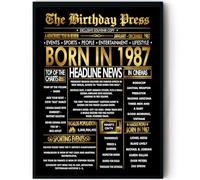 Stuff4 Gold 39th Birthday Poster Framed, Golden Born In 1987 Newspaper