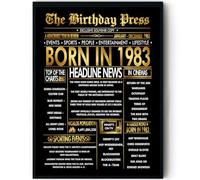 Stuff4 Gold 43rd Birthday Poster Framed, Golden Born In 1983 Newspaper