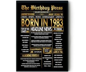 Stuff4 Gold 43rd Birthday Poster Framed - Golden Born In 1983 Newspaper - Happy 43 Birthday for Men Women Retro Vintage Gifts Back In 1983, 8x10 Inch Bday Party Decor Decoration