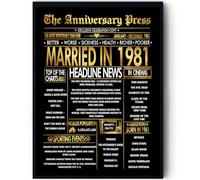 Stuff4 Gold 44th Anniversary Poster Framed - Golden Married In 1981 Newspaper - Happy 44 Anniversary for Men Women Retro Vintage Gifts Back In 1981, 8x10 Inch Bday Party Decor Decoration