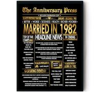 Stuff4 Gold 44th Anniversary Poster Framed - Golden Married In 1982 Newspaper - 44 Anniversary for Men Women Retro Vintage Gifts Back In 1982, 8x10 Inch Bday Party Decor Decoration
