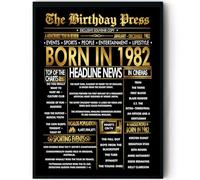 Stuff4 Gold 44th Birthday Poster Framed, Golden Born In 1982 Newspaper