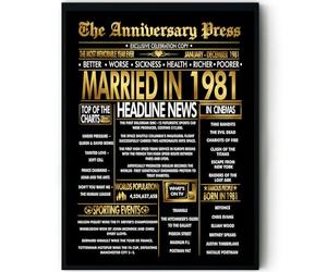 Stuff4 Gold 45th Anniversary Poster Framed - Golden Married In 1981 Newspaper - 45 Anniversary for Men Women Retro Vintage Gifts Back In 1981, 8x10 Inch Bday Party Decor Decoration