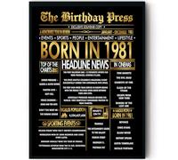 Stuff4 Gold 45th Birthday Poster Framed, Golden Born In 1981 Newspaper
